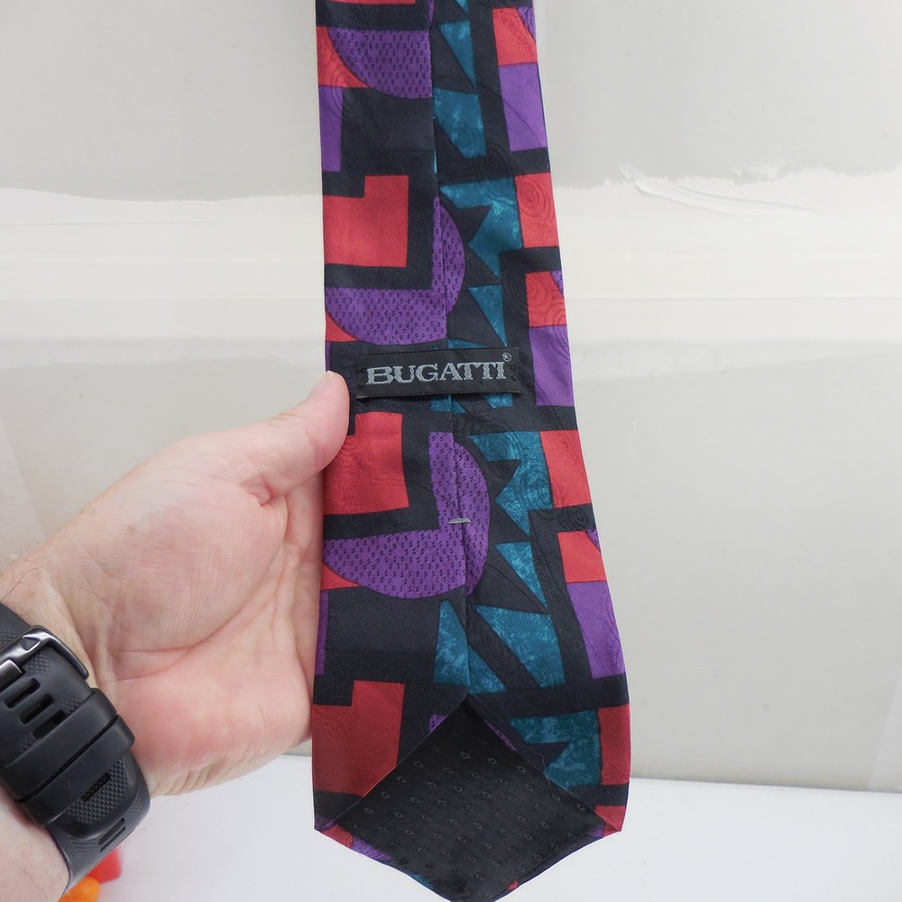 Bugatti Silk Necktie Mens Geometric Abstract Purple Red Teal Black Vintage Tie